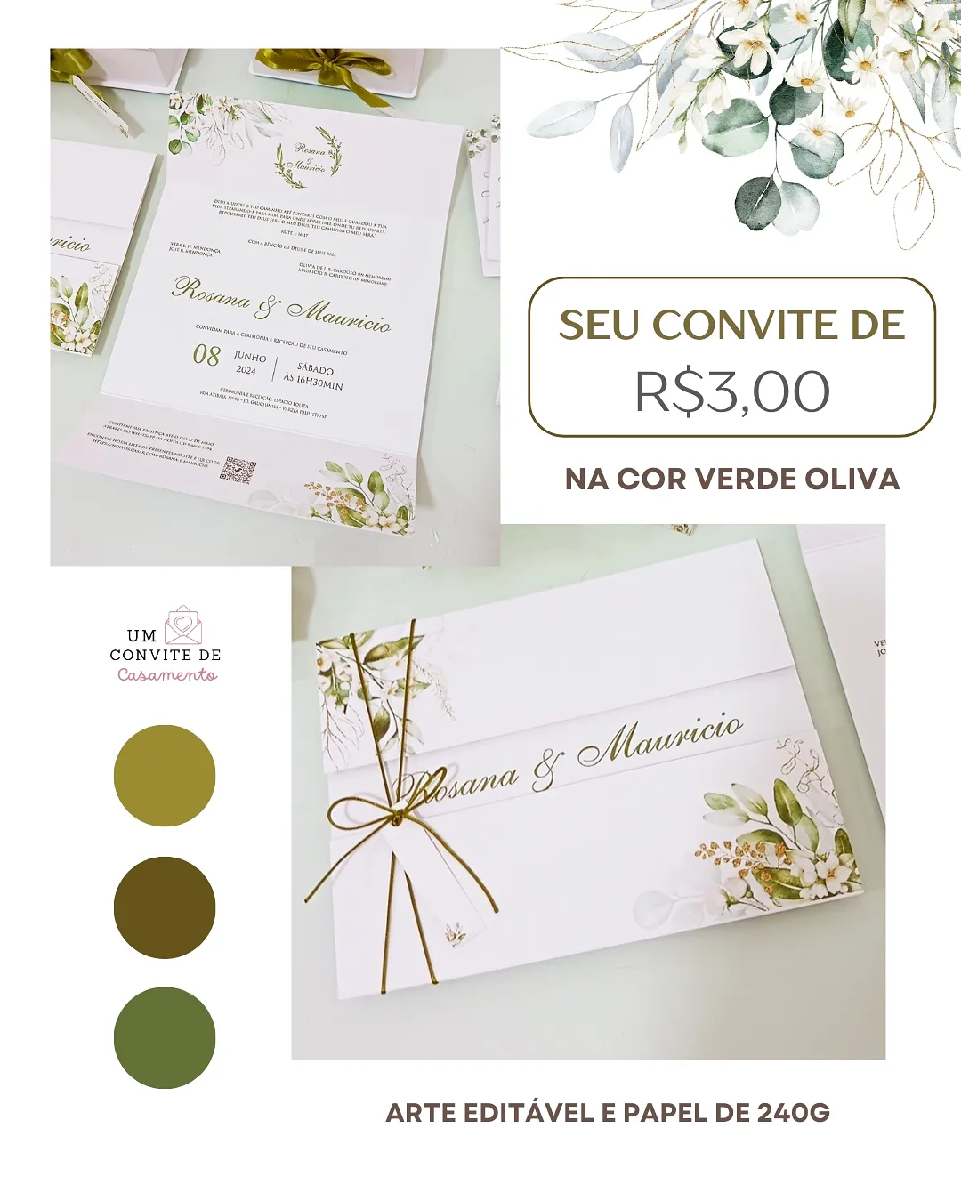 Convite duas dobras (verde oliva) - Um Convite de Casamento