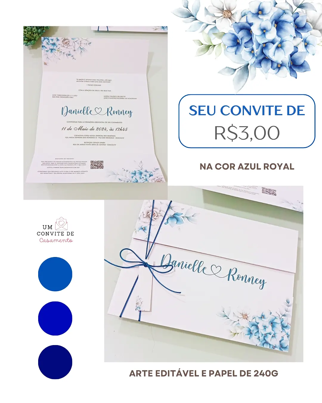 Convite dobras dobras (azul royal) - Um Convite de Casamento