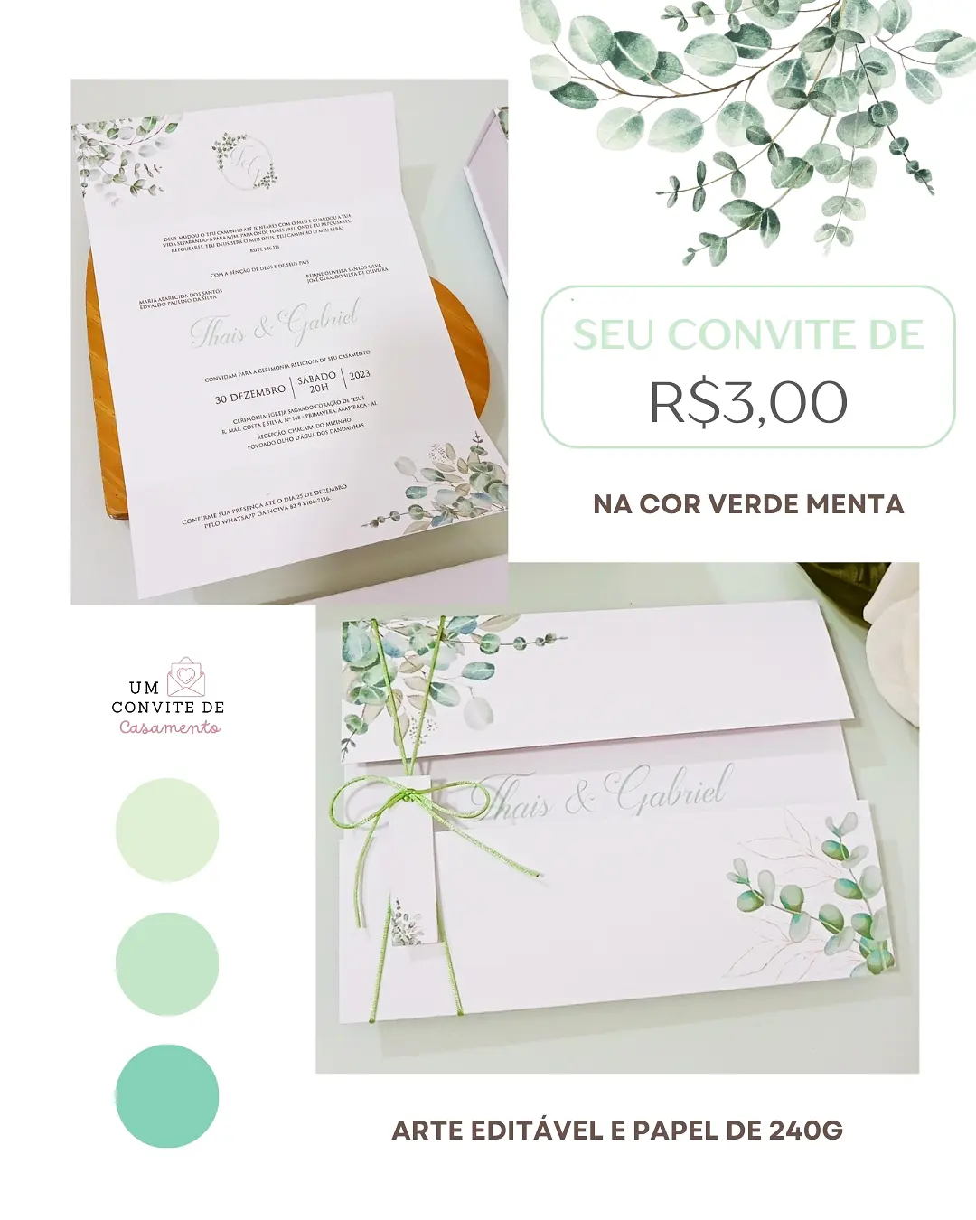 Convite duas dobras (verde menta) - Um Convite de Casamento